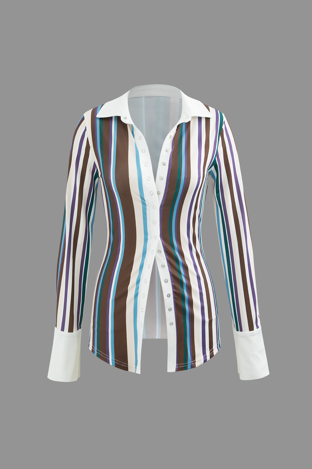 Y2K Striped Print Snap Button Long Sleeve Shirt - Trendy Coquette Aesthetic Top