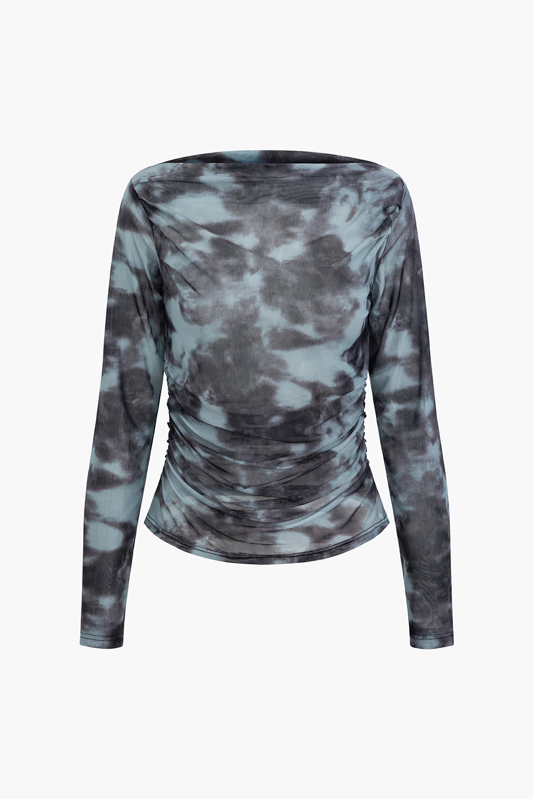 Y2K Tie-Dye Boat Neck Mesh Ruched Long Sleeve Top for Trendy Aesthetic Outfits