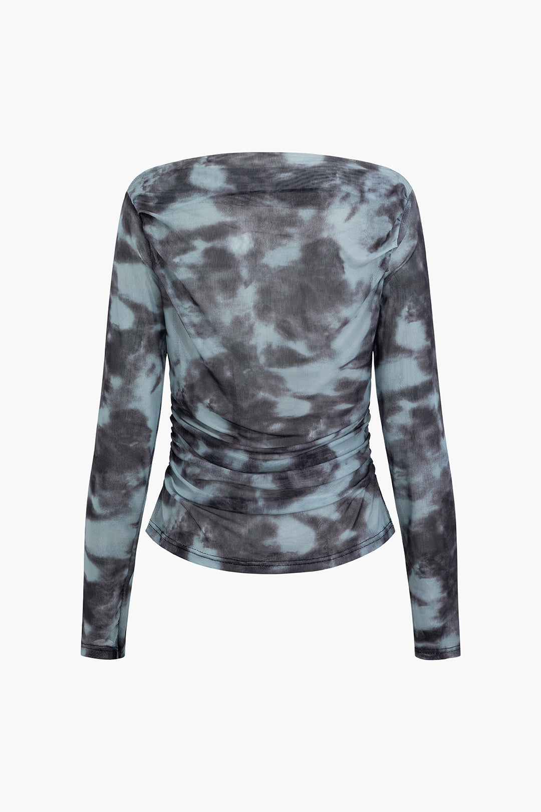 Y2K Tie-Dye Boat Neck Mesh Ruched Long Sleeve Top for Trendy Aesthetic Outfits