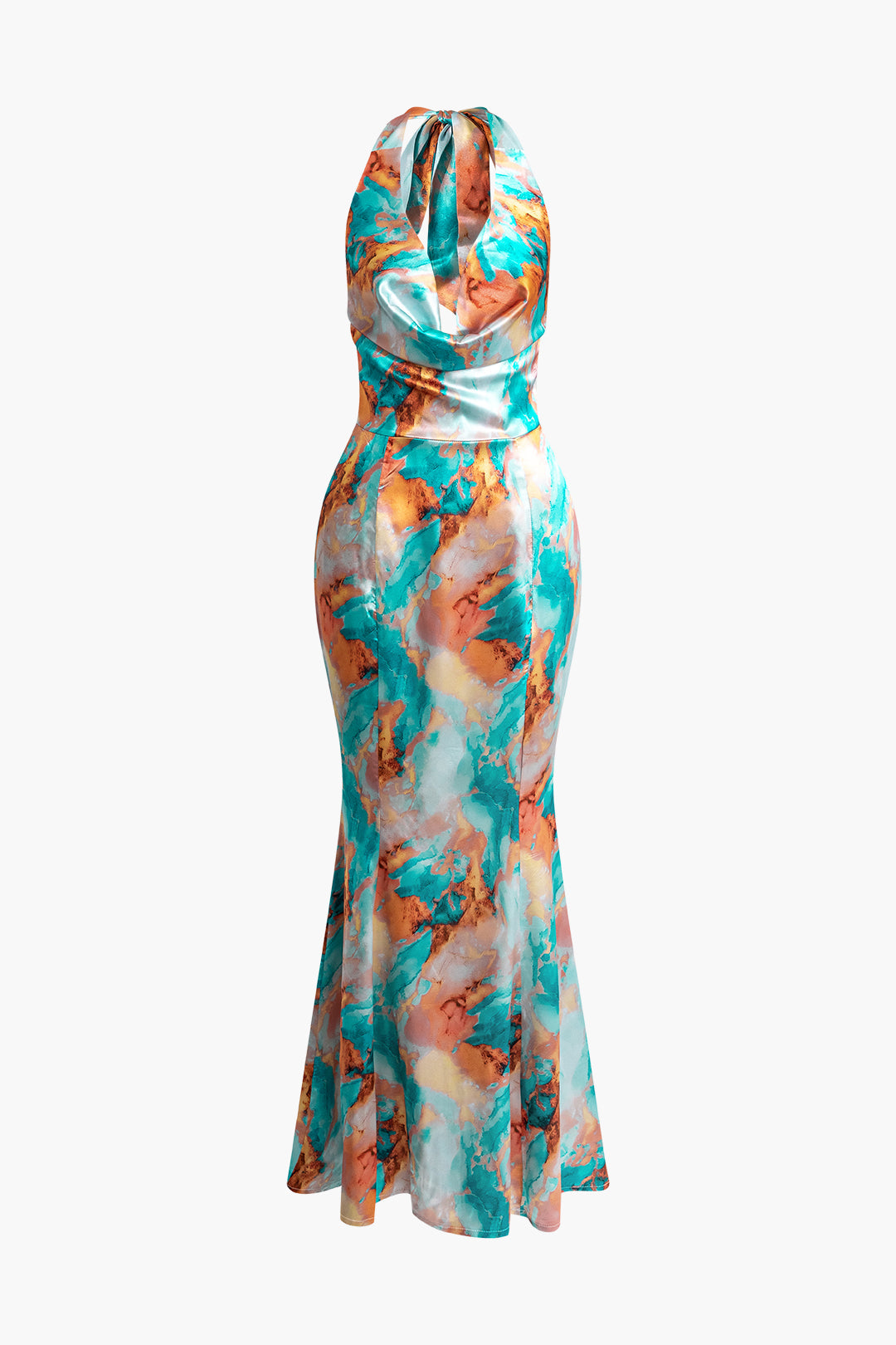 Y2K Tie Dye Cowl Neck Satin Halter Mermaid Maxi Dress for Aesthetic Outfits