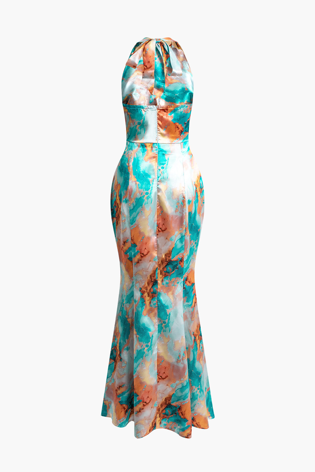 Y2K Tie Dye Cowl Neck Satin Halter Mermaid Maxi Dress for Aesthetic Outfits