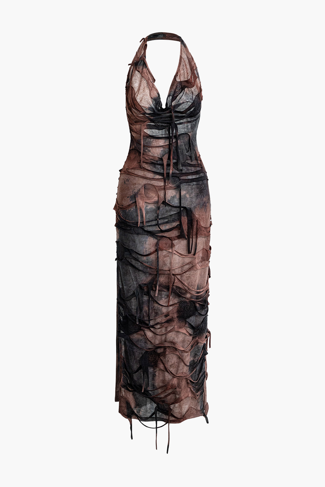 Y2K Tie Dye Distressed Mesh Slit Halter Cowl Neck Maxi Dress for Aesthetic Outfits