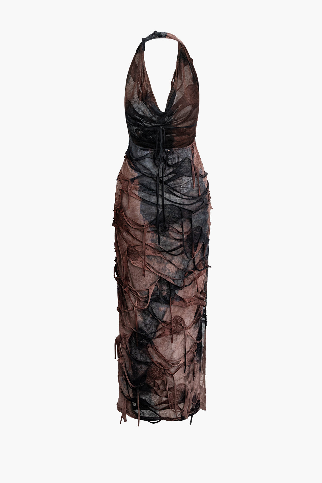 Y2K Tie Dye Distressed Mesh Slit Halter Cowl Neck Maxi Dress for Aesthetic Outfits