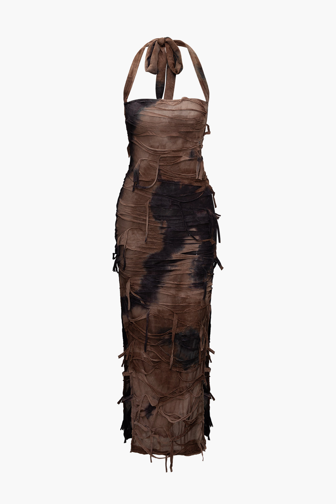 Y2K Tie Dye Distressed Mesh Slit Halter Maxi Dress for Trendy Aesthetic Outfits