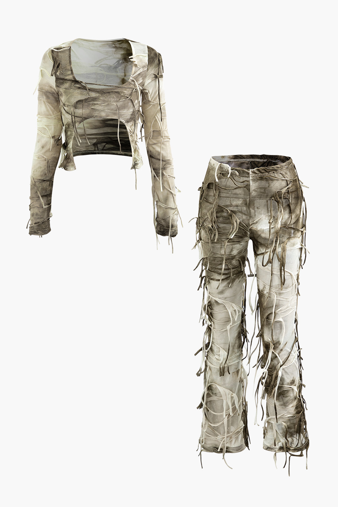 Y2K Tie Dye Distressed U-Neck Crop Top and Pants Set for Aesthetic Outfits