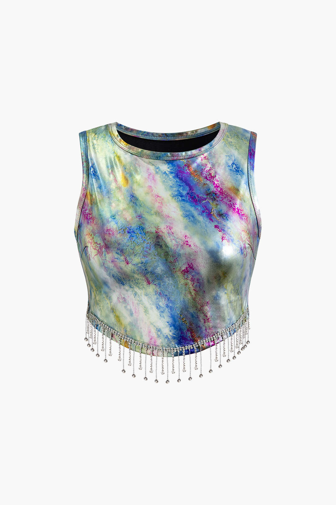 Y2K Tie Dye Fringe Hem Foiled Tank Top - Trendy Aesthetic Crop for Stylish Outfits