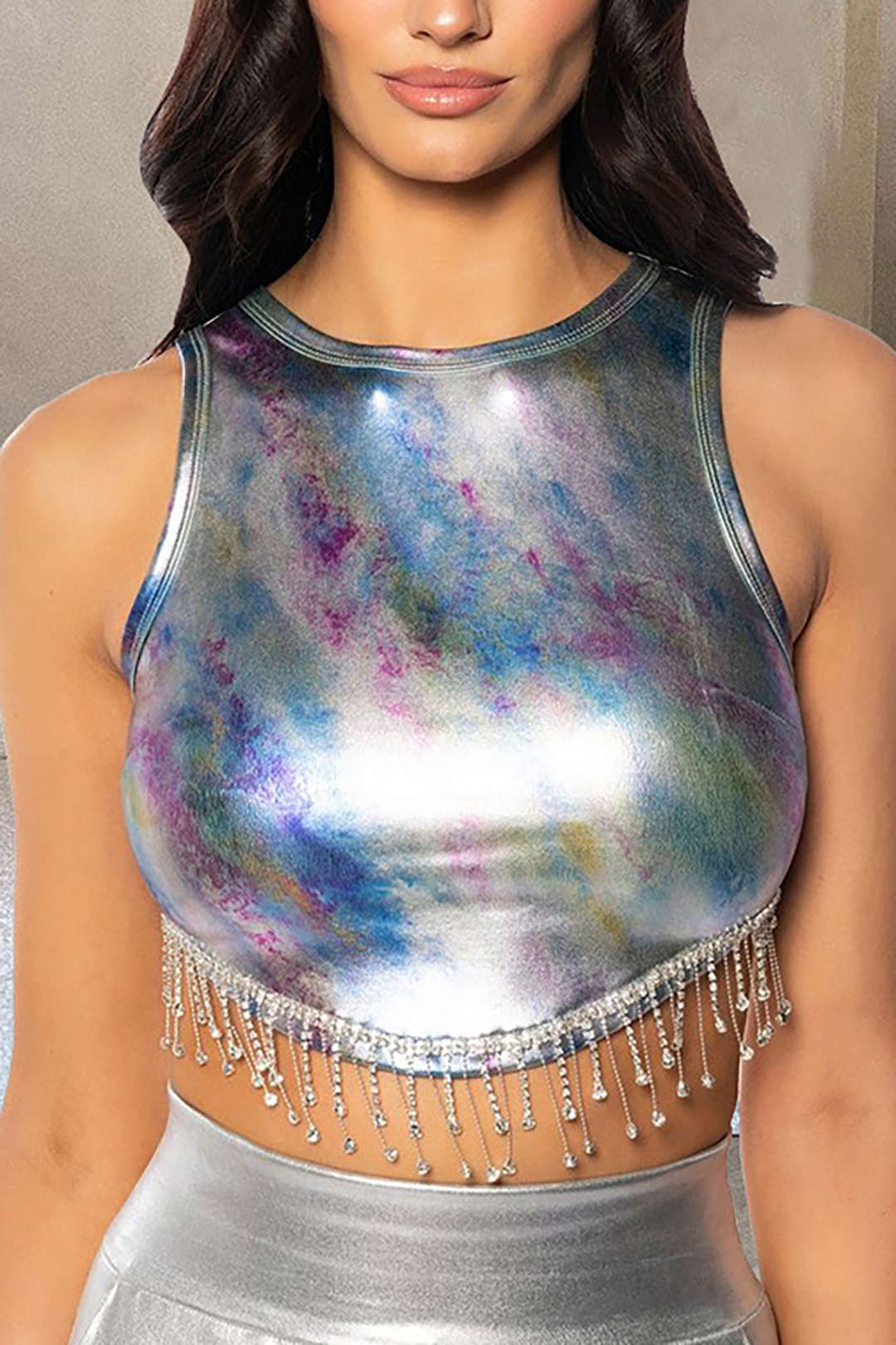 Y2K Tie Dye Fringe Hem Foiled Tank Top - Trendy Aesthetic Crop for Stylish Outfits