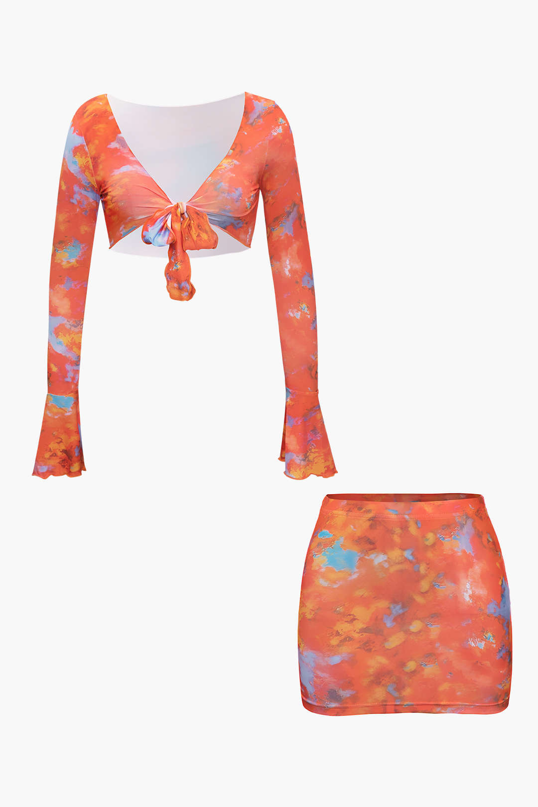 Y2K Tie Dye Knot Bell Sleeve V-Neck Crop Top & Mini Skirt Set for Aesthetic Outfits