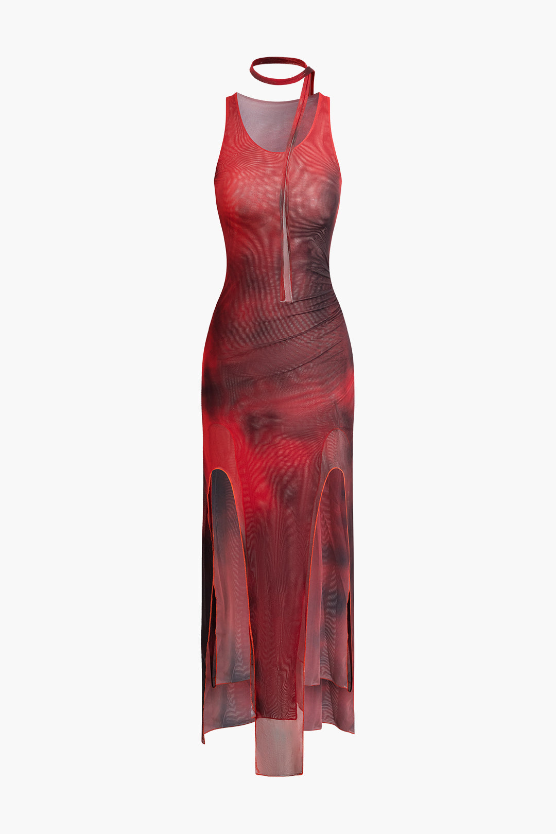 Y2K Tie Dye Mesh Asymmetrical Hem V-Neck Sleeveless Midi Dress for Trendy Aesthetic Looks