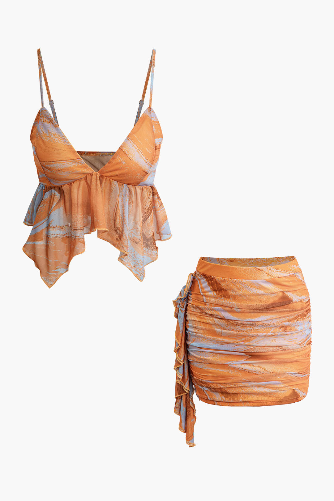 Y2K Tie Dye Mesh V-Neck Ruched Cami Top & Mini Skirt Set for Aesthetic Outfits