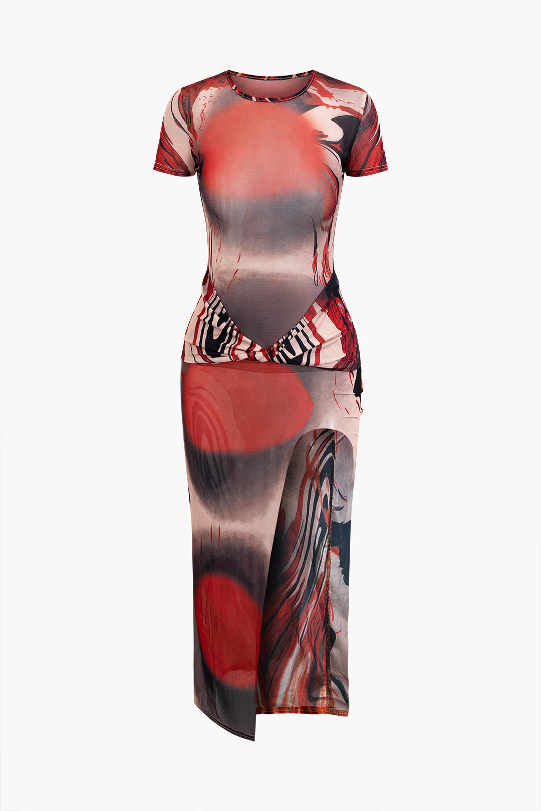 Y2K Tie Dye Mesh Wrap Twist Slit Midi Dress - Trendy Coquette Aesthetic Fashion