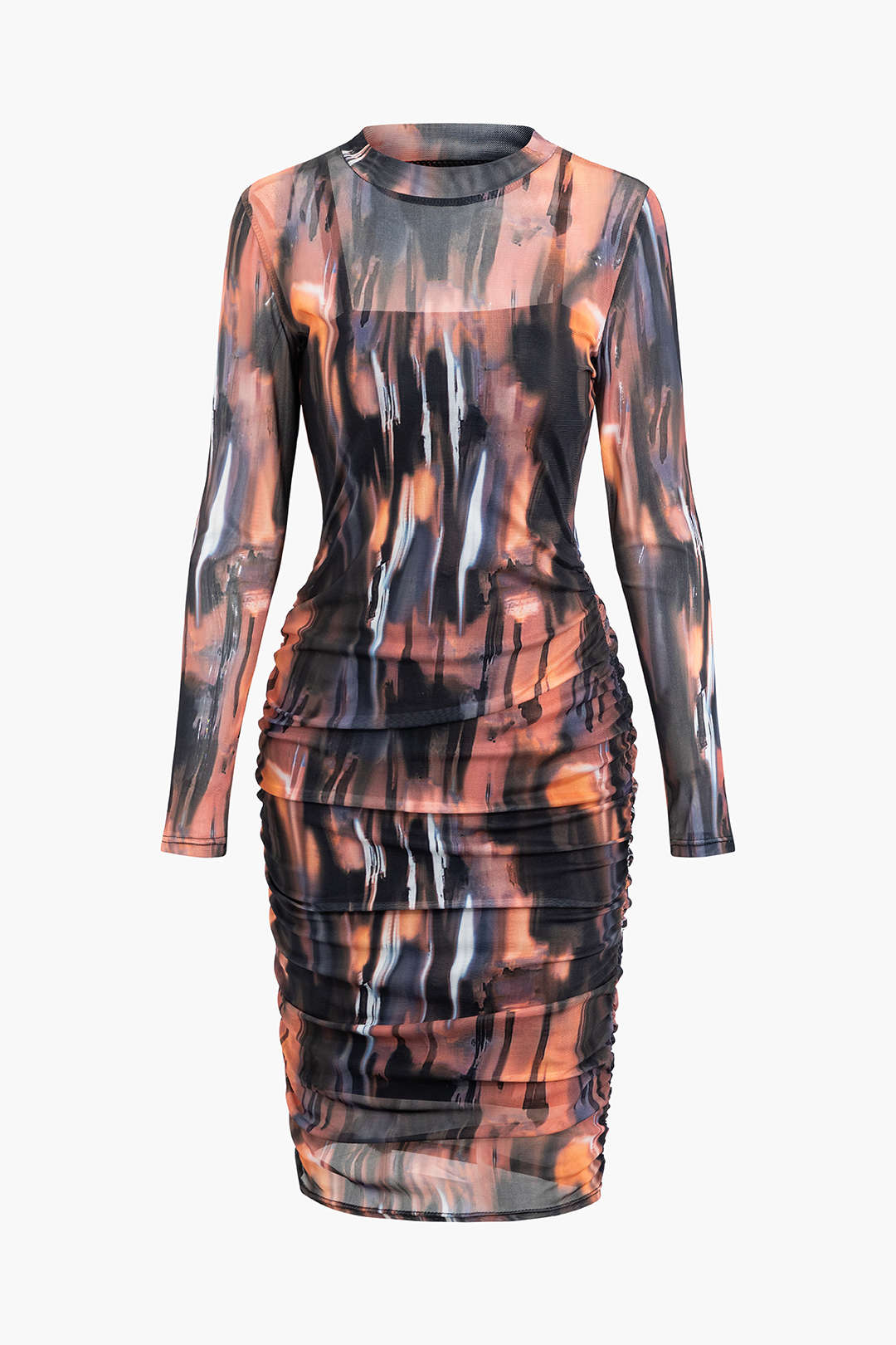 Y2K Tie Dye Mock Neck Mesh Long Sleeve Midi Dress with Lining for Aesthetic Vibes