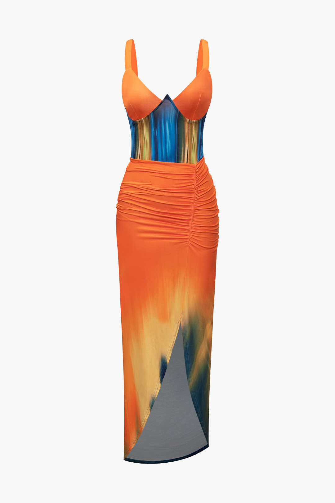 Y2K Tie Dye Print V-Neck Ruched Maxi Dress for Trendy Coquette and Grunge Aesthetics