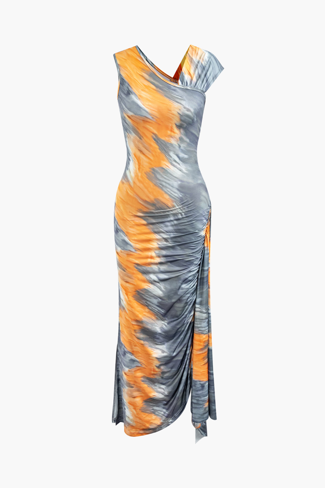 Y2K Tie Dye Ruched Asymmetrical Maxi Dress for Trendy Coquette and Grunge Aesthetics