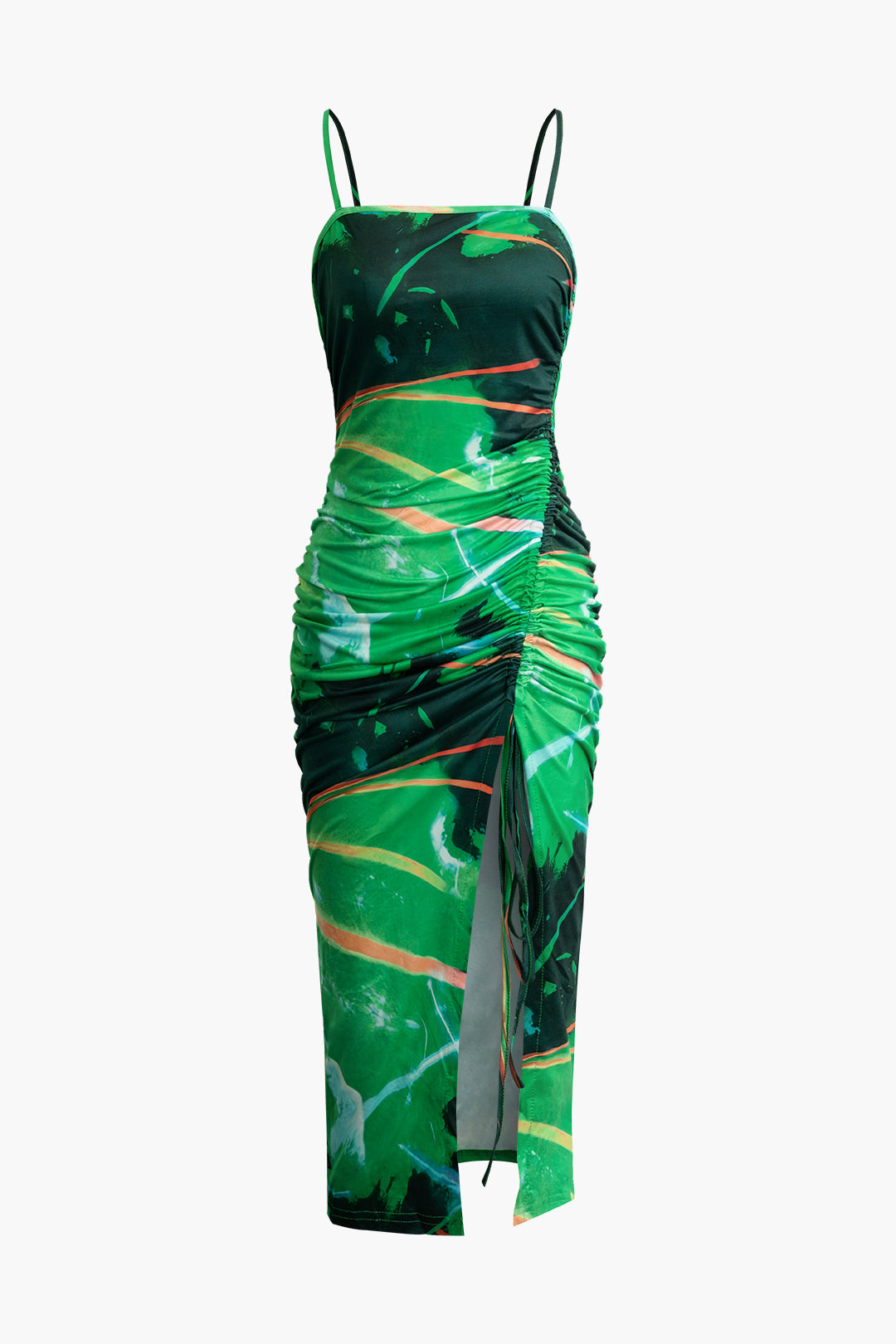 Y2K Tie Dye Ruched Split Slip Midi Dress - Trendy Coquette Aesthetic Fashion Piece