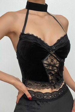 Y2K Velvet Halter Lace-Up Crop Top with Button Detail for Trendy Aesthetic Outfits