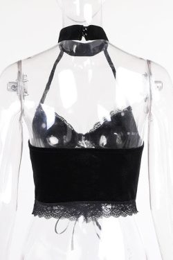 Y2K Velvet Halter Lace-Up Crop Top with Button Detail for Trendy Aesthetic Outfits