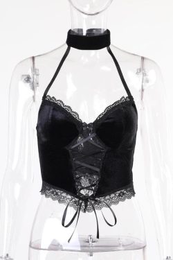 Y2K Velvet Halter Lace-Up Crop Top with Button Detail for Trendy Aesthetic Outfits