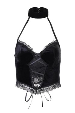 Y2K Velvet Halter Lace-Up Crop Top with Button Detail for Trendy Aesthetic Outfits