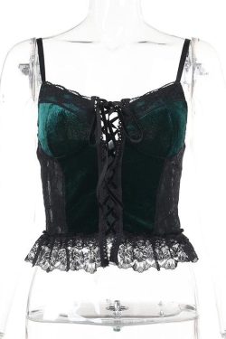 Y2K Velvet Lace Patchwork Sweetheart Neck Cami Top for Coquette Aesthetic Outfits