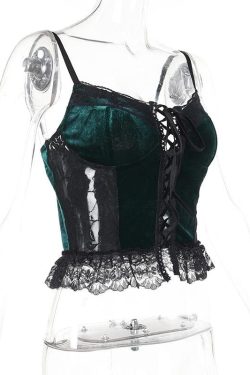 Y2K Velvet Lace Patchwork Sweetheart Neck Cami Top for Coquette Aesthetic Outfits