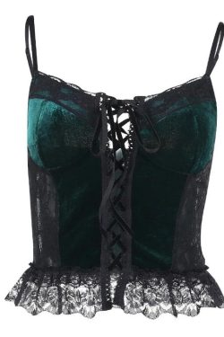 Y2K Velvet Lace Patchwork Sweetheart Neck Cami Top for Coquette Aesthetic Outfits