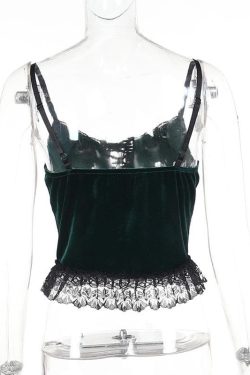 Y2K Velvet Lace Patchwork Sweetheart Neck Cami Top for Coquette Aesthetic Outfits