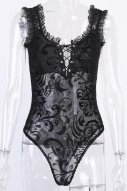 Y2K Velvet Mesh Embroidery Lace-Up U Neck Bodysuit for Coquette and Grunge Aesthetics