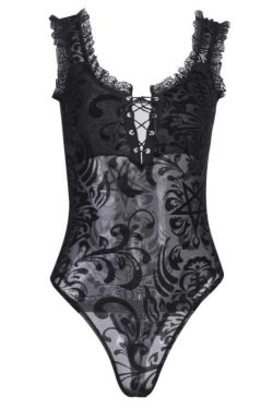 Y2K Velvet Mesh Embroidery Lace-Up U Neck Bodysuit for Coquette and Grunge Aesthetics