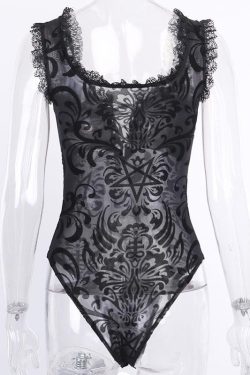 Y2K Velvet Mesh Embroidery Lace-Up U Neck Bodysuit for Coquette and Grunge Aesthetics