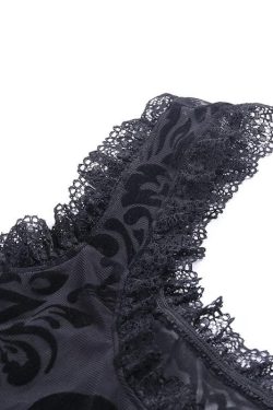 Y2K Velvet Mesh Embroidery Lace-Up U Neck Bodysuit for Coquette and Grunge Aesthetics