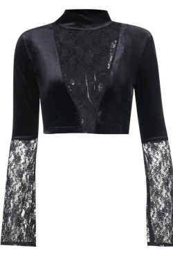 Y2K Velvet Patchwork Lace High Neck Flared Sleeve Crop Top for Coquette Aesthetic