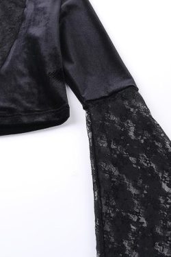 Y2K Velvet Patchwork Lace High Neck Flared Sleeve Crop Top for Coquette Aesthetic