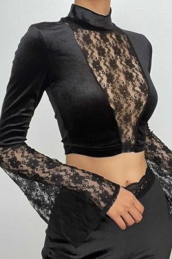 Y2K Velvet Patchwork Lace High Neck Flared Sleeve Crop Top for Coquette Aesthetic