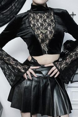 Y2K Velvet Patchwork Lace High Neck Flared Sleeve Crop Top for Coquette Aesthetic