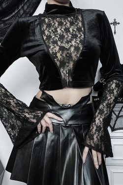 Y2K Velvet Patchwork Lace High Neck Flared Sleeve Crop Top for Coquette Aesthetic