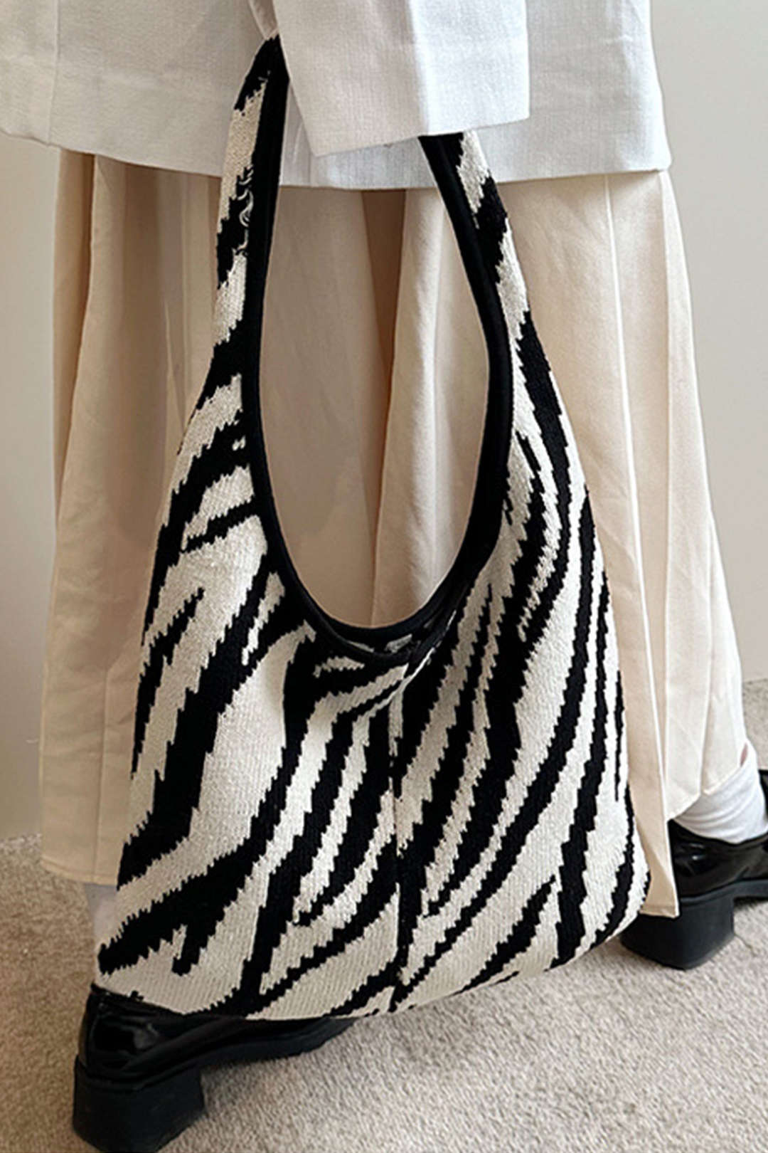 Zebra Pattern Knit Shoulder Bag - Y2K Aesthetic Chic Accessory for Trendy Outfits