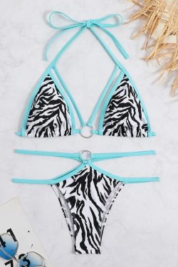 Zebra Print Backless Bikini Swimwear with O-Ring Detail for Y2K Aesthetic Vibes