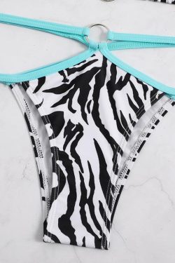 Zebra Print Backless Bikini Swimwear with O-Ring Detail for Y2K Aesthetic Vibes