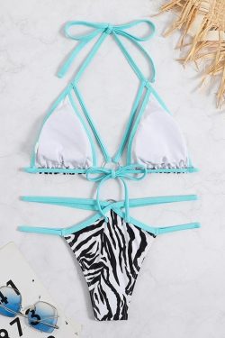 Zebra Print Backless Bikini Swimwear with O-Ring Detail for Y2K Aesthetic Vibes