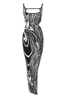 Zebra Print Contrast Backless Midi Dress with Irregular Slit - Y2K Aesthetic Fashion