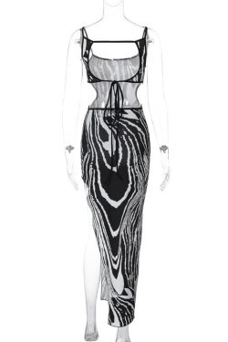 Zebra Print Contrast Backless Midi Dress with Irregular Slit - Y2K Aesthetic Fashion