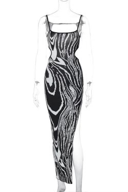 Zebra Print Contrast Backless Midi Dress with Irregular Slit - Y2K Aesthetic Fashion