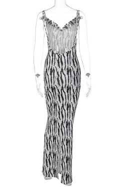 Zebra Print Cowl Neck Backless Slit Midi Dress - Y2K Fashion Statement Piece