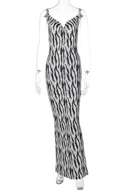 Zebra Print Cowl Neck Backless Slit Midi Dress - Y2K Fashion Statement Piece