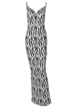 Zebra Print Cowl Neck Backless Slit Midi Dress - Y2K Fashion Statement Piece