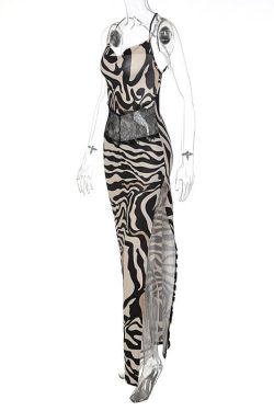 Zebra Print Hollow Out Backless Maxi Dress with Contrast Cross Back for Y2K Aesthetic