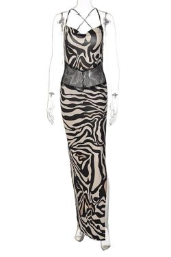 Zebra Print Hollow Out Backless Maxi Dress with Contrast Cross Back for Y2K Aesthetic