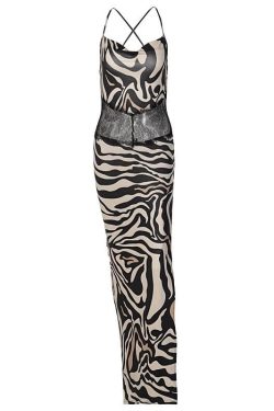 Zebra Print Hollow Out Backless Maxi Dress with Contrast Cross Back for Y2K Aesthetic