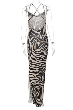 Zebra Print Hollow Out Backless Maxi Dress with Contrast Cross Back for Y2K Aesthetic